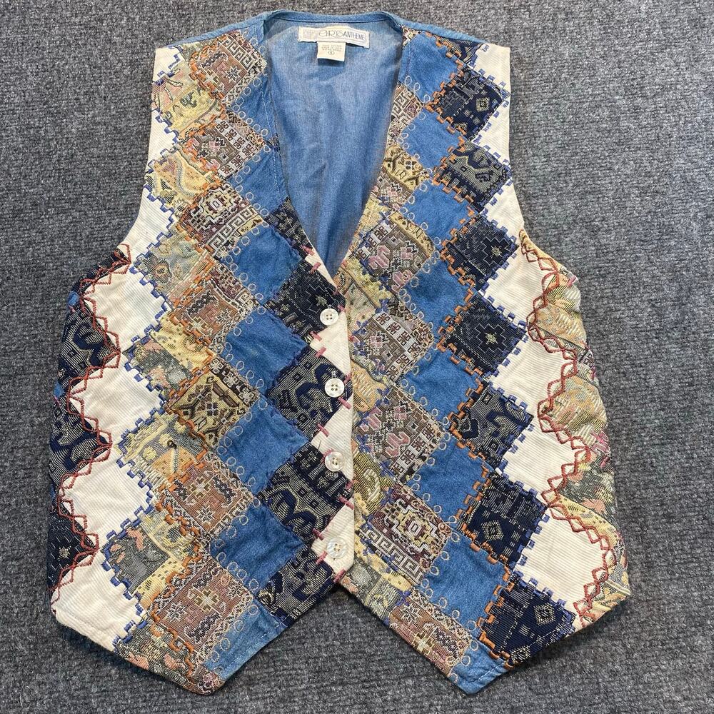 Vintage Chrysantheme Blue Patchwork Print Cotton Button Front Vest Womens Small
